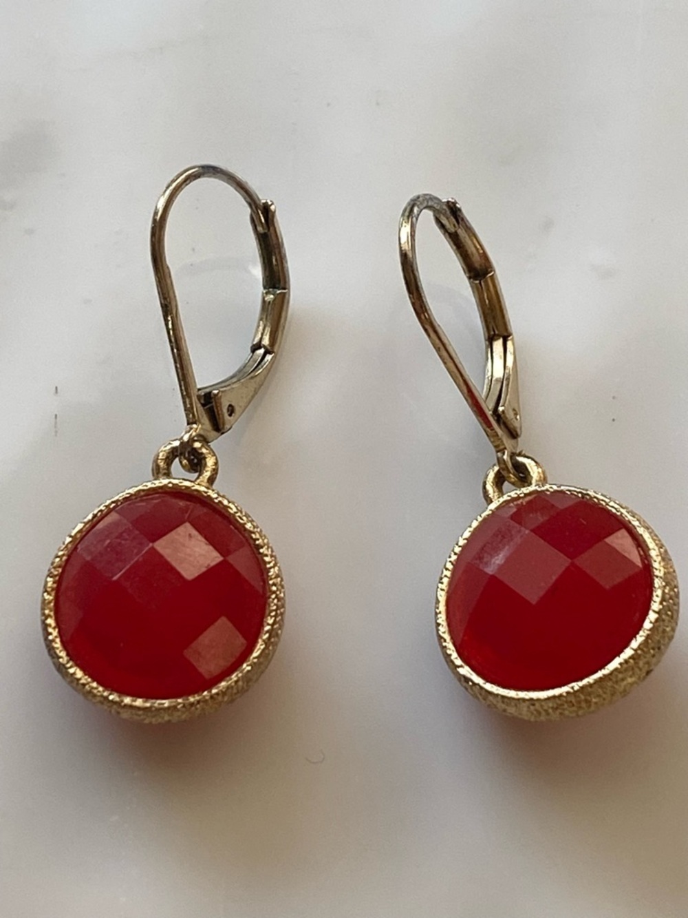 Gold-Trim Red Faceted Drop Earrings - Picture 3 of 6